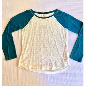 Aeropostale Womens Teal White Lace Front Raglan Long Sleeve Top Large L RN121726